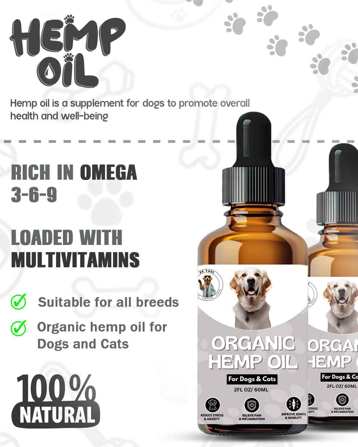 Organic Hemp Oil for Pets – Natural Anxiety Relief, Joint Mobility & Inflammation Support for Dogs & Cats - Dr.Paul