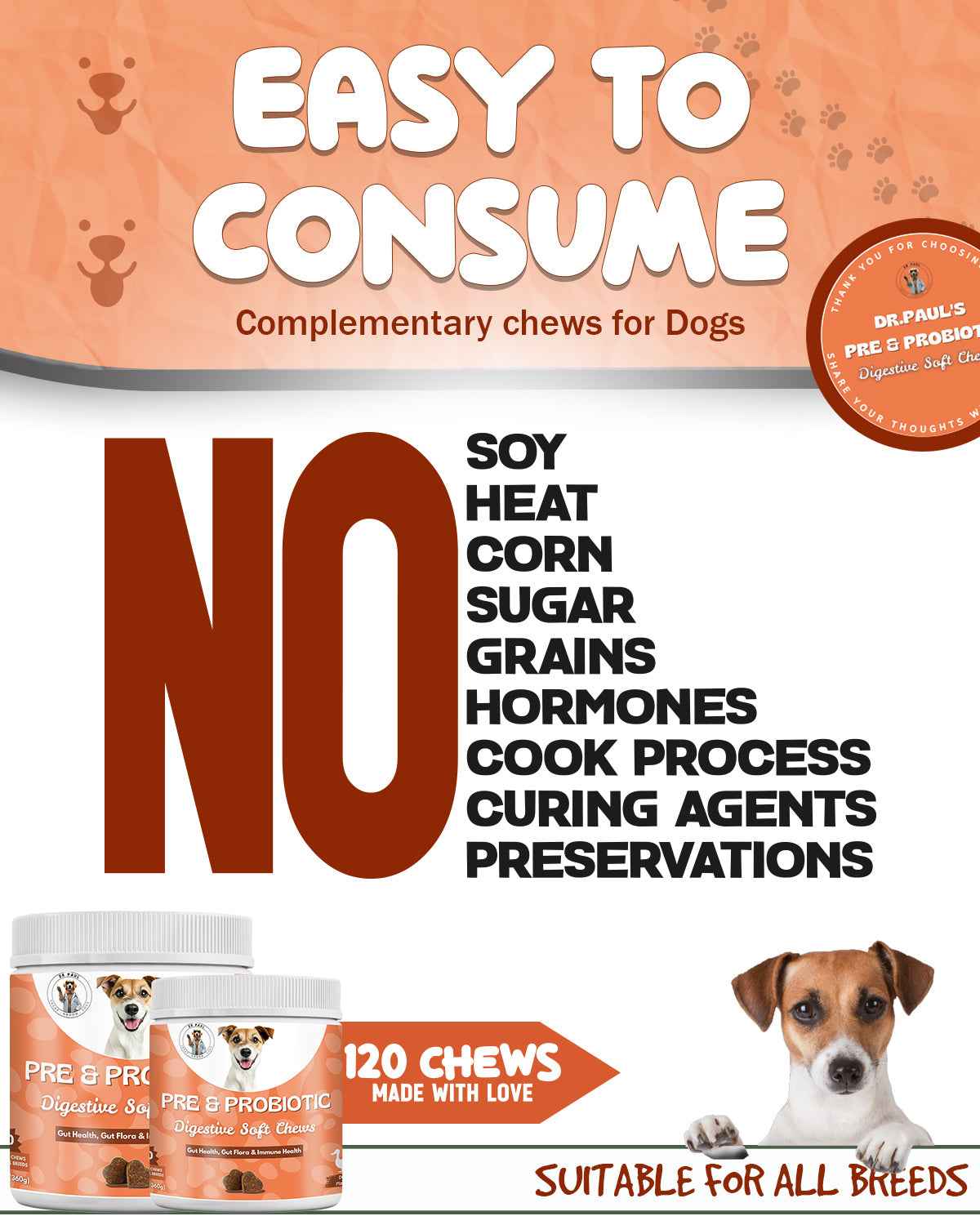 Probiotic Chews for Dogs - Pre & Probiotic Digestive Soft Chews for Gut Health, Gas Relief & Immune Support - Dr.Paul