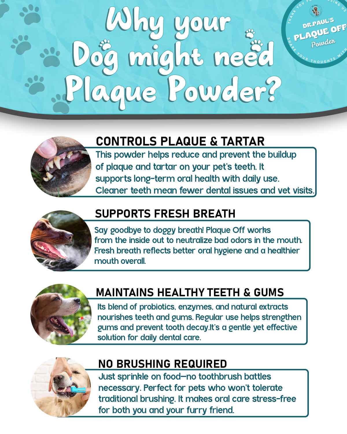 Plaque Off Powder for Dogs - Daily Plaque Control, Fresh Breath & Healthy Gums - Dr.Paul