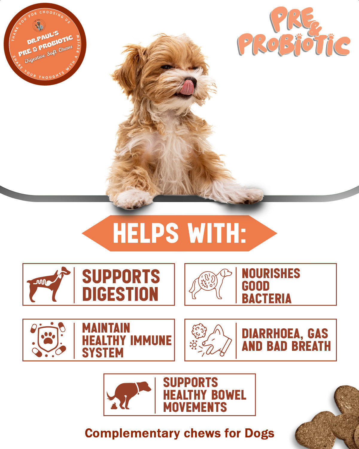 Pre & Probiotic Digestive Soft Chews for Dogs – Chews for Gut Health, Gas Relief & Immune Support